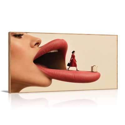 Tiny Woman in Red Suit Walking on Giant Lips With Suitcase Canvas Wall Art