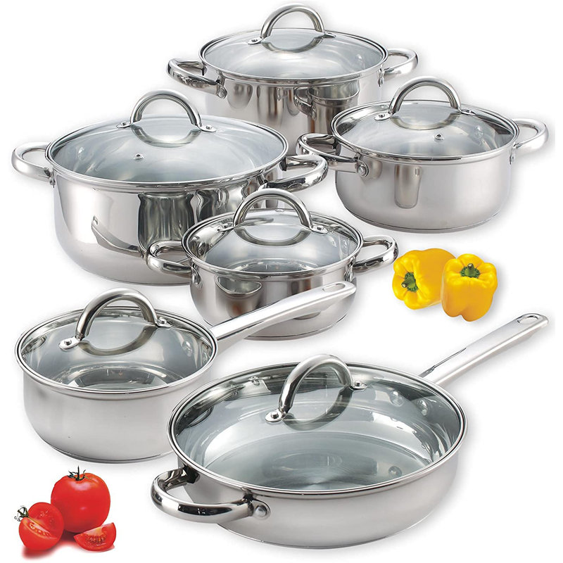 Ensemble de batterie de cuisine en acier inoxydable Cook N Home Basics - Comprend une casserole, des marmites, une poêle à frire avec couvercles en verre, 12 pièces