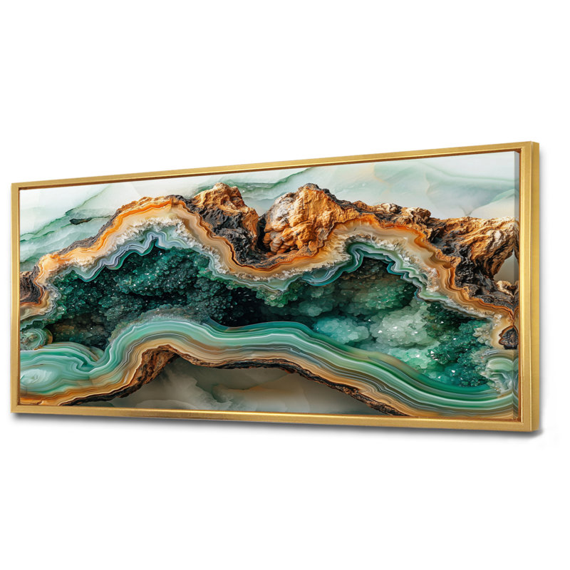 Agate et pierre émeraude dans la glissade en bois II - impressions sur toile Agate, H 28 po x l 60 po, Cadre flottant, Doré