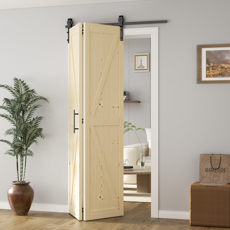 84" DIY Solid Pine Wood K-Style Folding Barn Door with Hardware Kit, 42" x 84", 2