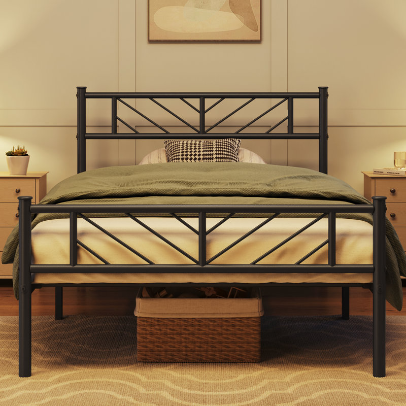 Minimalist Metal Slatted Bed Platform with Arrow Design Headboard, Single (3'), Black