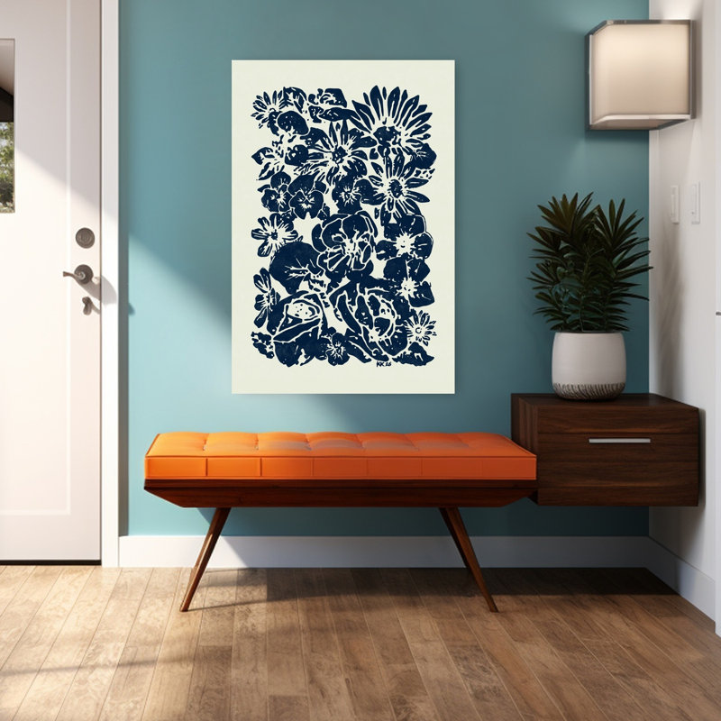 Indigo, arrangement floral classique rétro, art mural nature, 48" H x 32" W