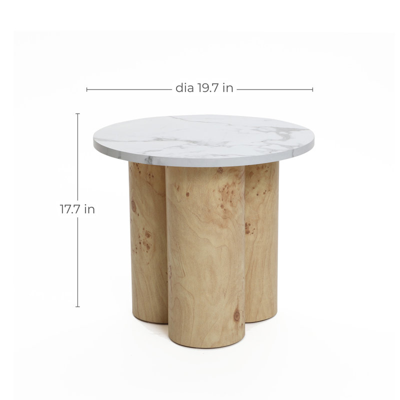 19.7'' Round Faux Marble Top Side Table with Natural Wood Cylinder Base