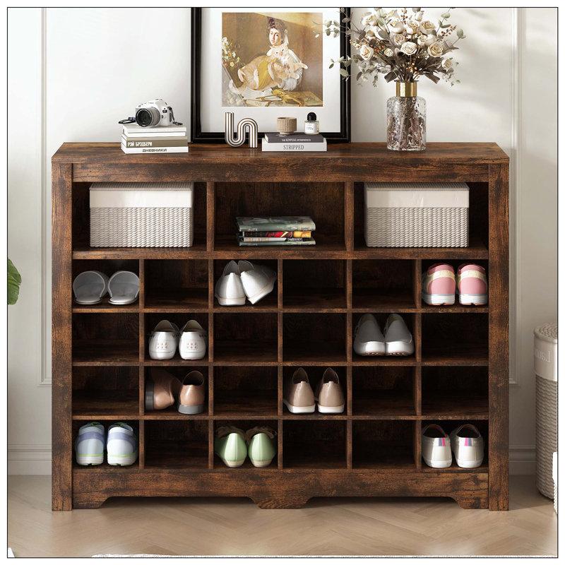 Console élégante à 24 casiers, armoire à chaussures moderne avec base incurvée, buffet polyvalent de haute qualité pour le couloir, la chambre à coucher et le salon