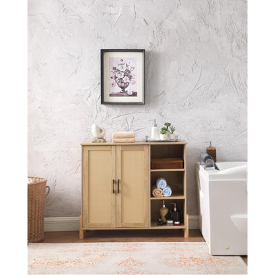 Storage Cabinet, Bathroom Cabinet With Rattan Doors, Bathroom Floor Cabinet With Open Storage & Adjustable Shelf, Coffee Bar, Storage Cabinet For Living Room, Bedroom, Entryway, Natural
