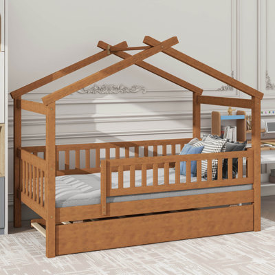Lit simple en bois avec lit gigogne simple assorti, cadre de lit plateforme en bois avec clôture et toit