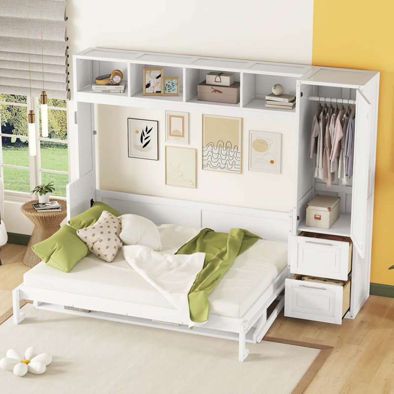 Murphy Bed Wall Bed With Closet And Drawers, White, Queen