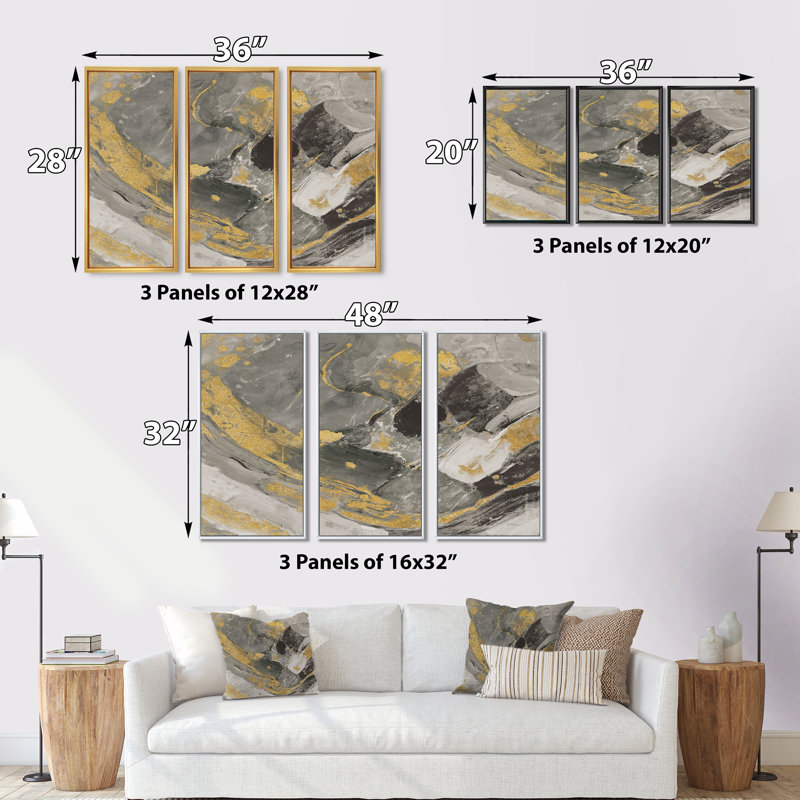 Marbre doré et noir II - ensemble d'art moderne sur toile encadrée moderne et contemporain de 3, L 36 po x H 20 po