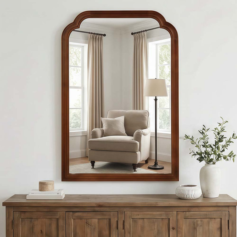 Black Walnut Color Solid Wood Frame Rounded Corner Decorative Mirror