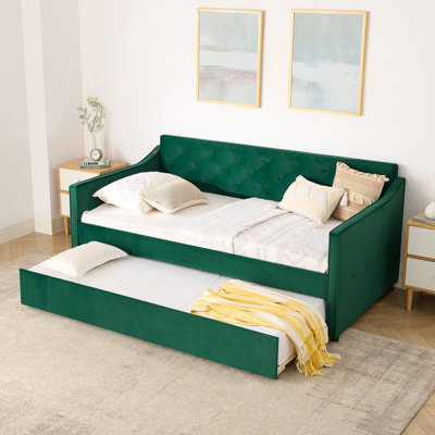 Velvet Fabric Upholstery Twin Size DayBed with Twin Size Pop-up Trundle
