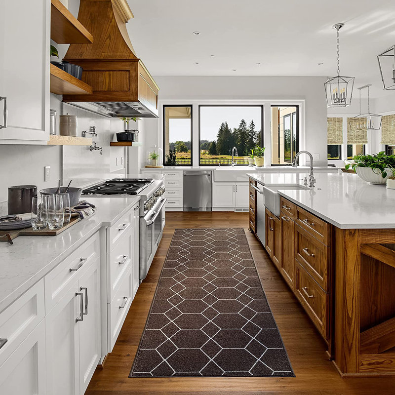 Custom Size Runner Rug Choose Your Length Hexagon Trellis Design Brown Color, Runner 2'2" x 19'