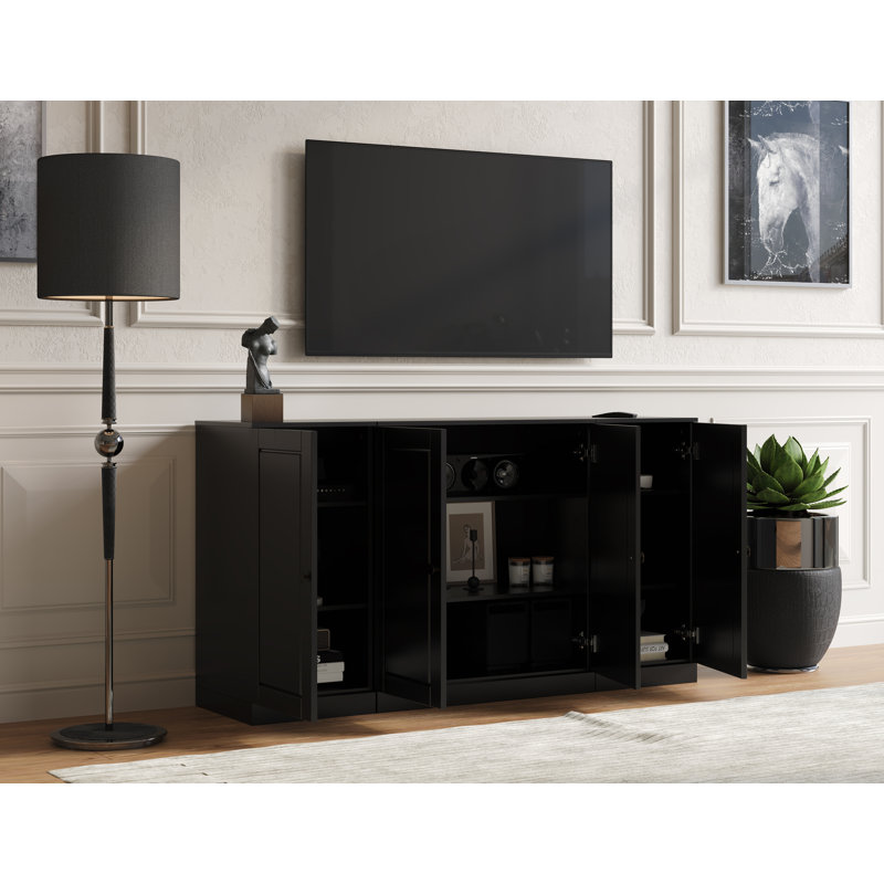 Meuble télé 100% bois massif, console de 65 po de large avec portes à panneau surélevé et rangement, Noir