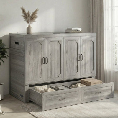 Grand lit escamotable de 63 po avec tiroirs de rangement, station de charge intégrée et matelas inclus