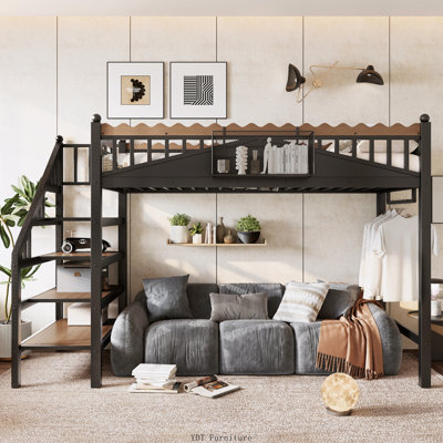 Queen Size Metal Loft Bed with Ladders | Storage Shelves & Bookshelf, No Box Spring Needed, Chic Design, Black