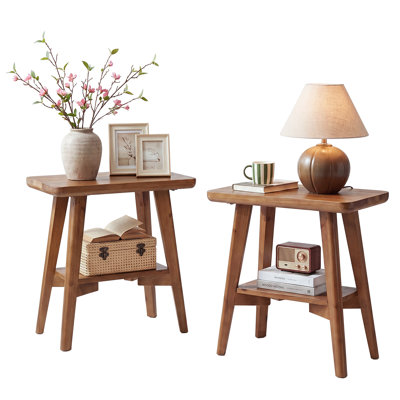 Solid Wood End Table, 2-Tier Side Table with Storage