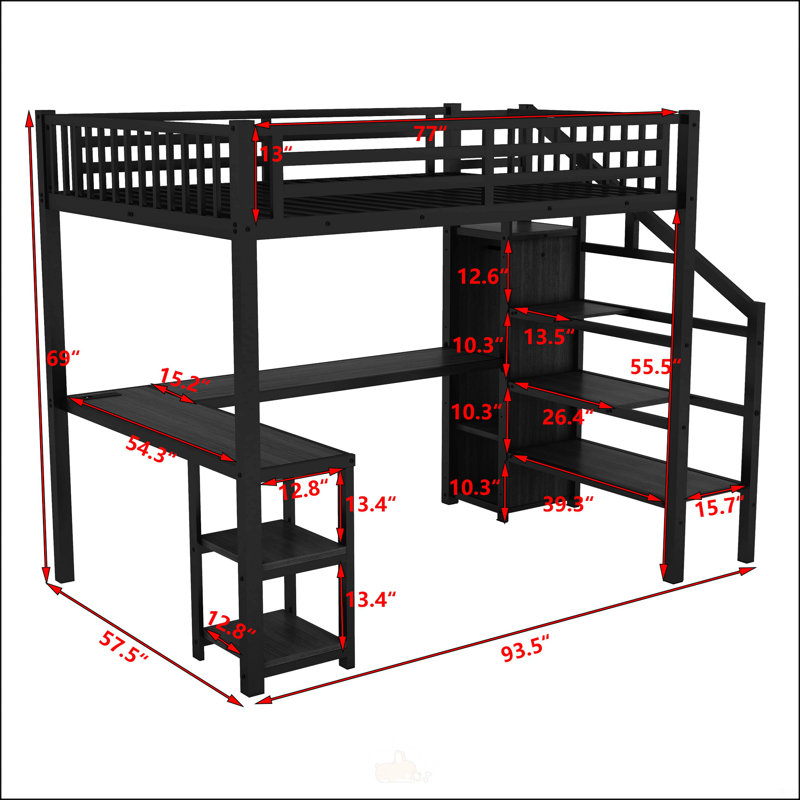 Lit mezzanine double en métal avec garde-robe et lumière DEL