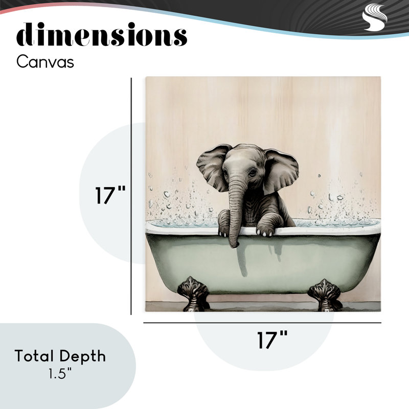 Baby Elephant Bathtime Canvas, design by Sasha, 17" H x 17" W