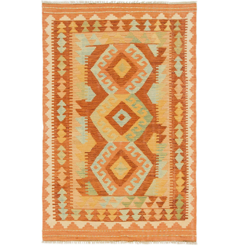 Tapis en laine rouge/beige 3 pi 3 po x 5 pi "one-of-kind" à la main noué la new age Elland