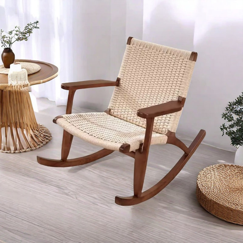 Chaise berçante en bois massif simple décontracté, Blanc cassé / brun foncé