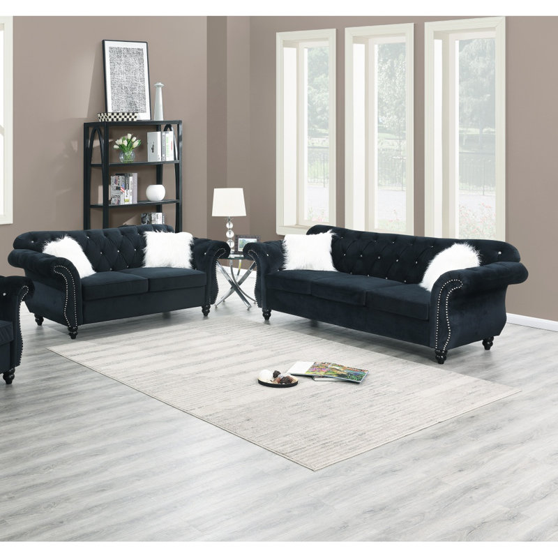 Ensemble de canapé en velours noir 2 pièces Meuble de salon rembourré avec canapé
