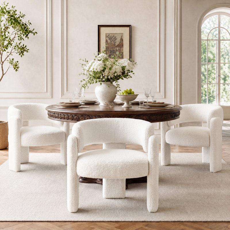 33" Wide Modern Velvet Upholstered 3-Legs Dining Armchair, Cream Boucle