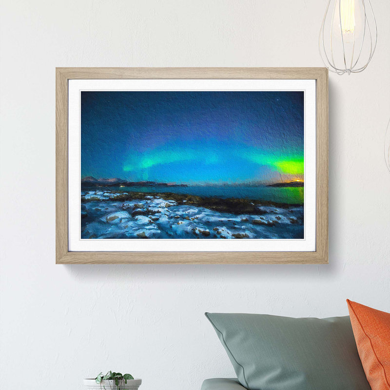 The Northern Lights Aurora Borealis in Norway - Picture Frame Painting Print, 27cm H x 36cm W x 2cm D, Oak Framed