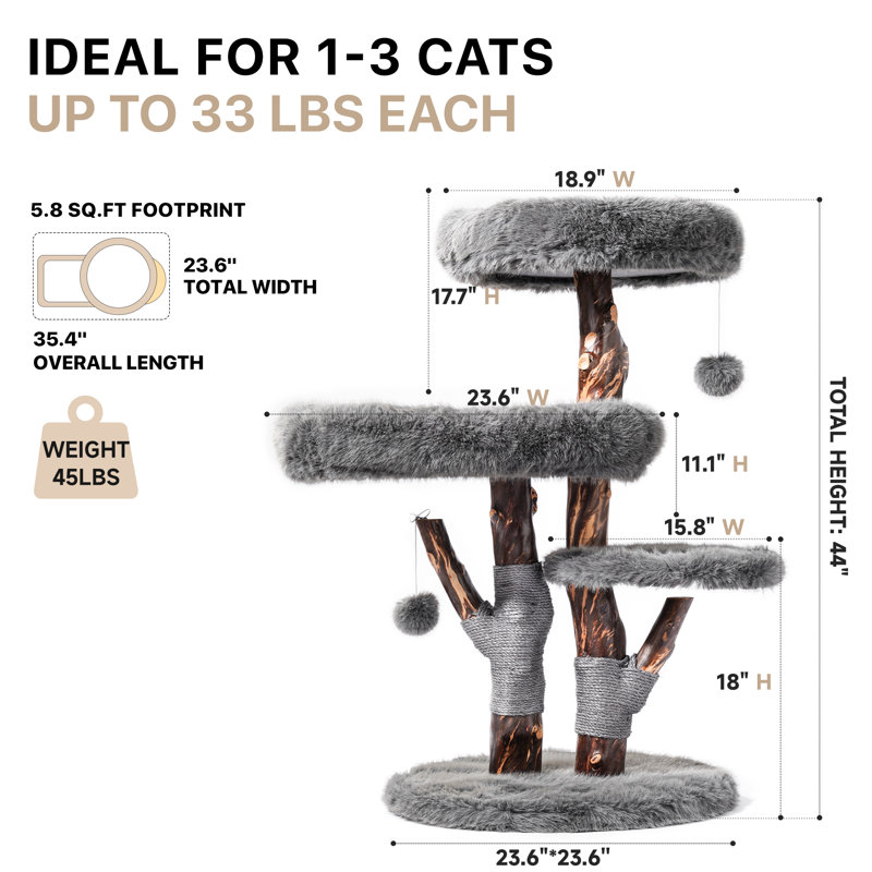 Modern 44.5"H Unique Solid Wood Cat Tree for Big Cats&MaineCoon, Gris foncé