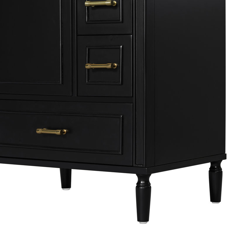 Meuble-lavabo moderne 24 po avec lavabo en céramique, noir, porte à fermeture douce, 3 tiroirs, poignées dorées, support de porte