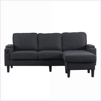 Canapé modulaire avec repose-pieds avec rangement | Canapé 3 places en L gris anthracite pour petits espaces | Ports USB | Gris foncé | Bois et tissu