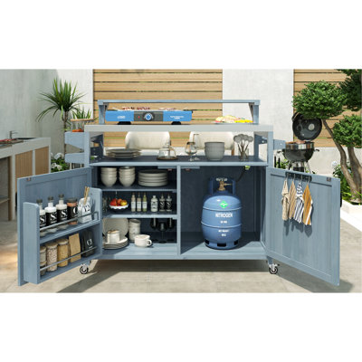 53.3" Outdoor Kitchen Island With Raised Shelf, Solid Wood Storage Cabinet With Stainless Steel Top, Outdoor Rolling Grill Cart With Internal Storage Rack, Adjustable Shelf, Spice Rack, Grey Blue