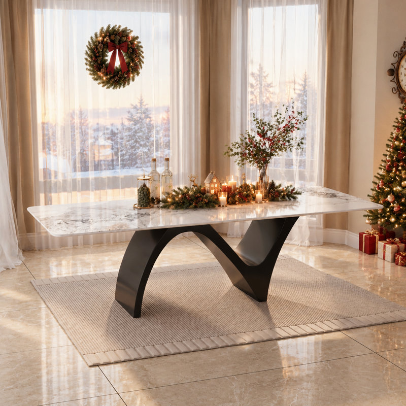 Table de salle à manger rectangulaire moderne, table de cuisine blanc brillant avec plateau en pierre frittée, pieds en acier en forme de N