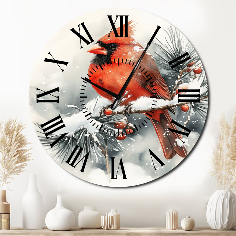 Cardinal en hiver - horloge murale en métal rouge, Surdimensionné