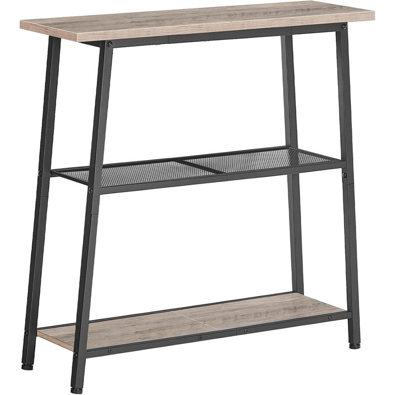 Console étroite avec tablettes de rangement à 3 niveaux, canapé d'entrée moderne avec structure en métal, grège et noir