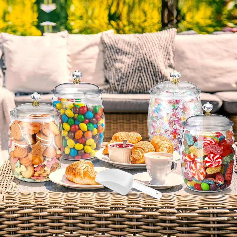 4 pots en plastique de bonbons et de biscuits avec couvercles de pots de bonbons transparents et grands pots de rangement apothicaire pour la maison de mariage (64 oz)
