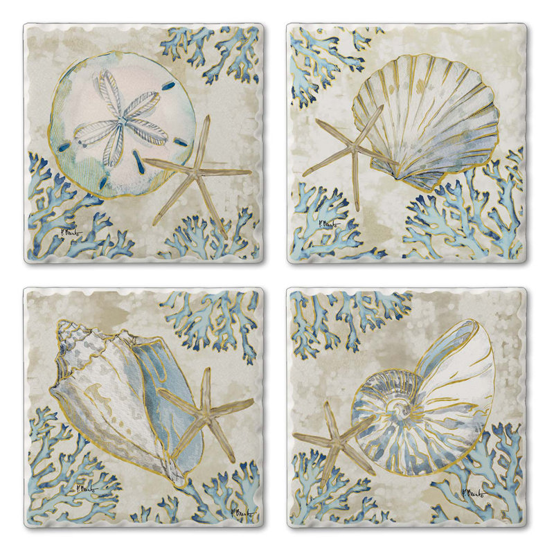 Playa Shells 4-Pack Assorted Tumbled Tile Coasters