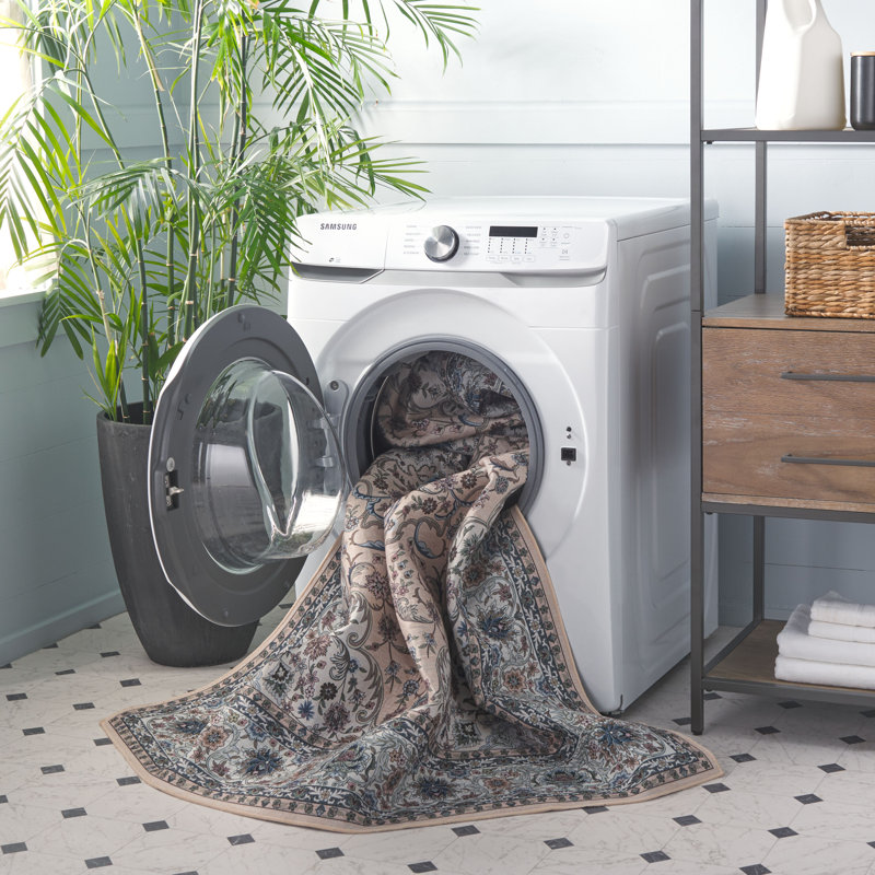 Tucson Secret Garden Washable Non-Slip Area Rug in Beige & Light Blue, Rectangle 244 x 305 cm