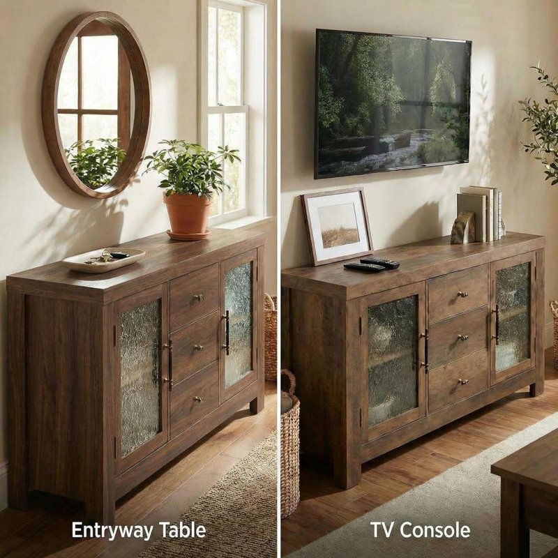 54.4" Buffet Sideboard with 2 Glass Doors and 3 Drawers, Accent Storage Cabinet Coffee Bar Table and TV Stand for Living Room, Kitchen, Dining Room