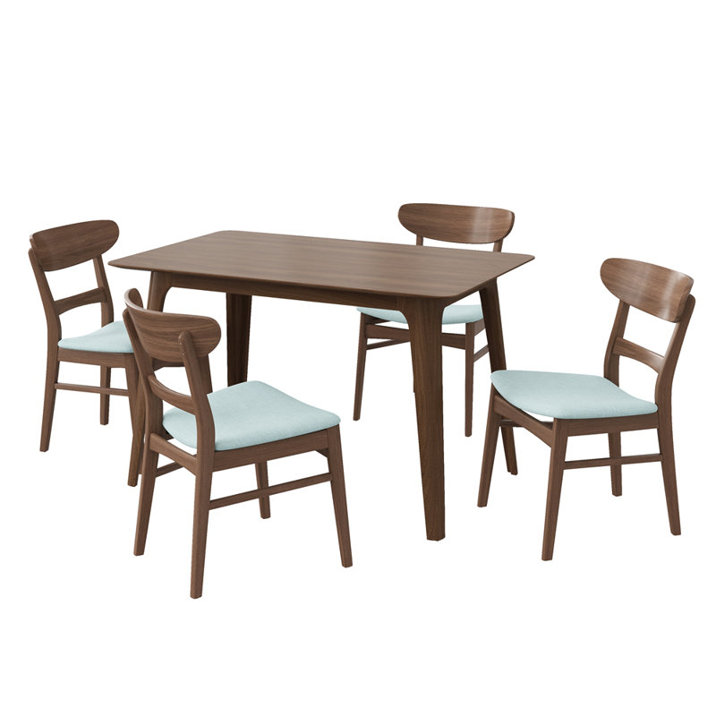 Ensemble de salle à manger 5 pièces de style Mid-Century moderne, structure en bois d'hévéa, une table et 4 chaises rembourrées