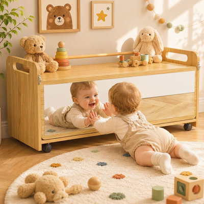 3-Compartment Montessori Toy Storage Shelf with Acrylic Mirror, Reversible Bookshelf Organizer for Toddlers and Kids