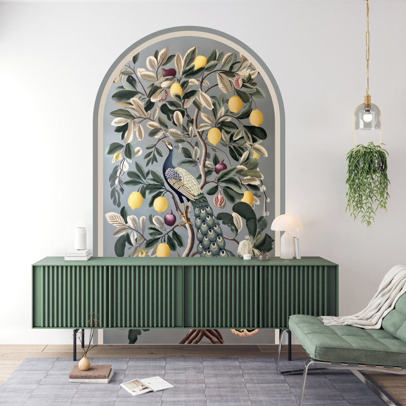 Adhésif décoratif peler et coller Peacock in Lemon & Fig Tree - Papier peint arqué amovible, H 71 po x l 40 po