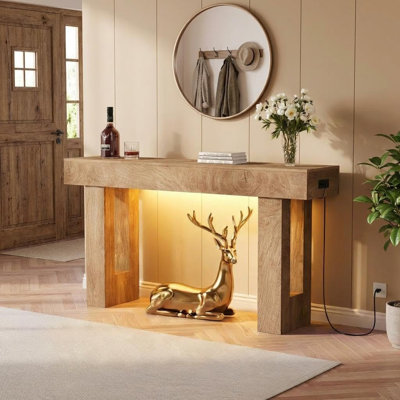 63" Entryway Table with Outlet and LED Light for Living Room, Farmhouse Console Table with USB Ports & Open Storage, Sofa Table with Thicker Desktop for Entrance/Hallway,Natural Oak