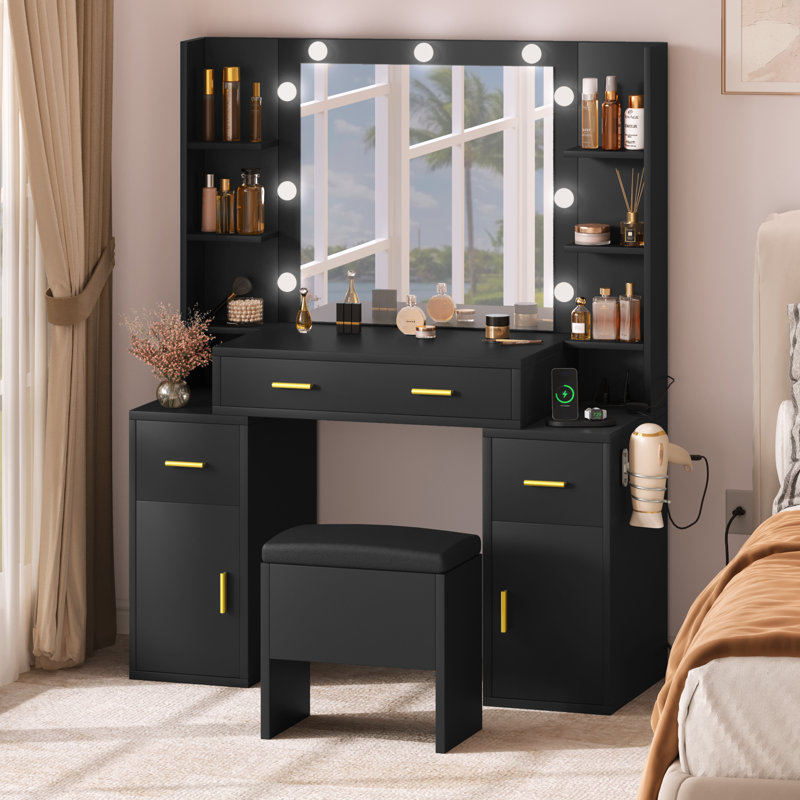 Venette Vanity with Built-In Outlets and Lighted Mirror, Black