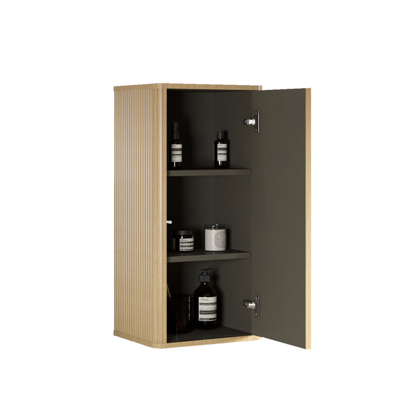 Bathroom Floating Side Cabinet In Natural Oak - Wall Mounted For Small Spaces Pre-assembled & Plywood Made Safe Curvy Design Stylish Striped Finish 2 Adjustable Shelves Storage Tiny Scratch And Water