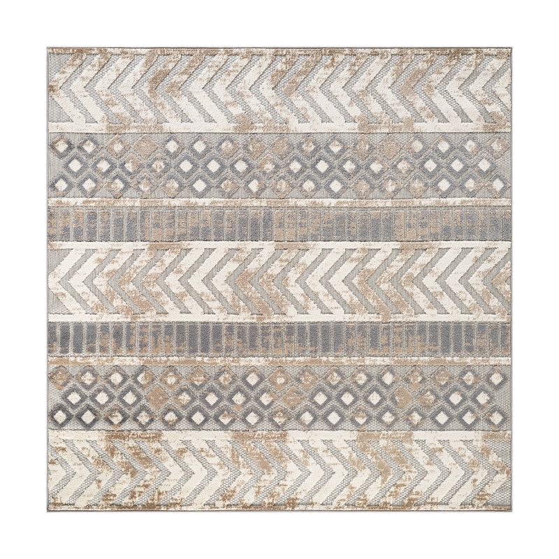 Tapis intérieur / extérieur gris / ivoire / beige Alphee, Carré 6 pi 7 po