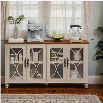 Armoire élégante à 4 portes de style européen antique avec portes en verre trempé, pour la salle à manger, le salon, le couloir, facile à assembler, beige