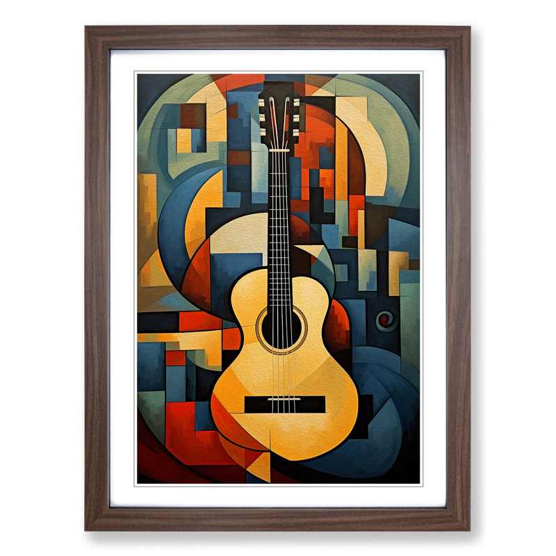 XYZ-FRM-V1223-1749 Acoustic Guitar Cubism No.3 - Single Picture Frame Print on Wood, Walnut , 34cm H x 25cm W x 2cm D