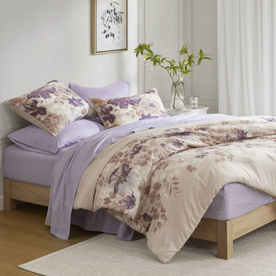 Ensemble de couette à motif floral taupe, 6 pièces, en polyester, avec draps inclus.