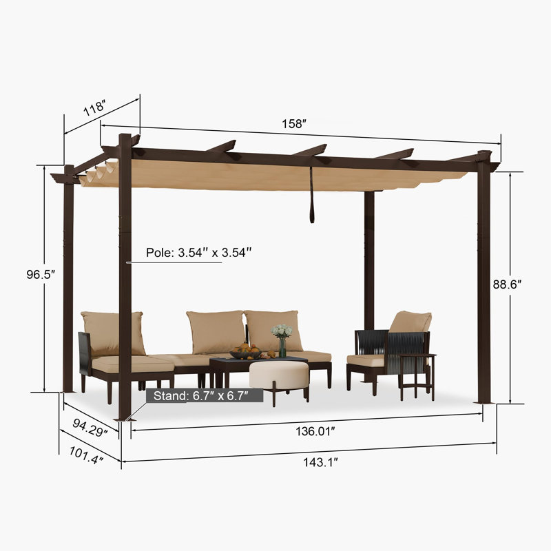 Purple Leaf Aluminium Pergola With Canopy, Khaki, 96"H x 158" W x 118" D