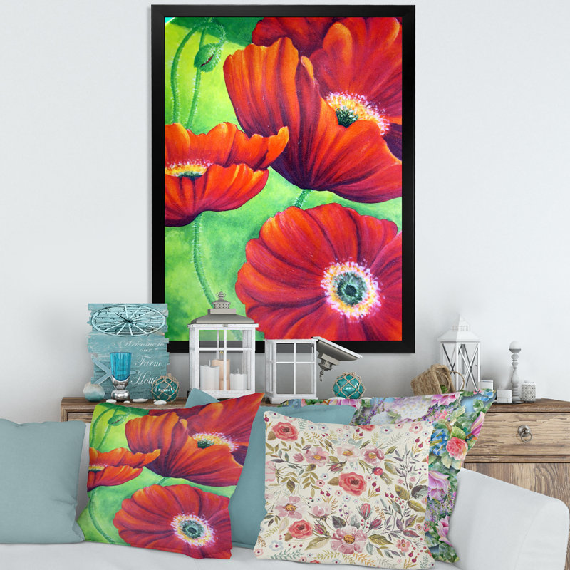Red Blossoming Poppies VII - peinture sur toile, H 32 po x l 24 po x P 1,5 po, Toile avec cadre noir