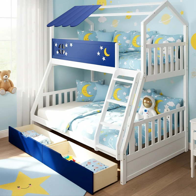Twin Over Full Solid Wood House Bed for Kids With Drawers And Guardrail, Night Sky Inspired Design, White/Navy Blue